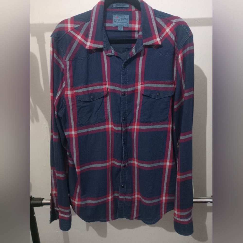 Lucky Brand Saturday Stretch Blue and Red Plaid Mens Shirt L
